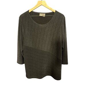 Chicos Travelers Black Metallic Striped 3/4 Sleeve Top Size 2 Polyester/Rayon Wo